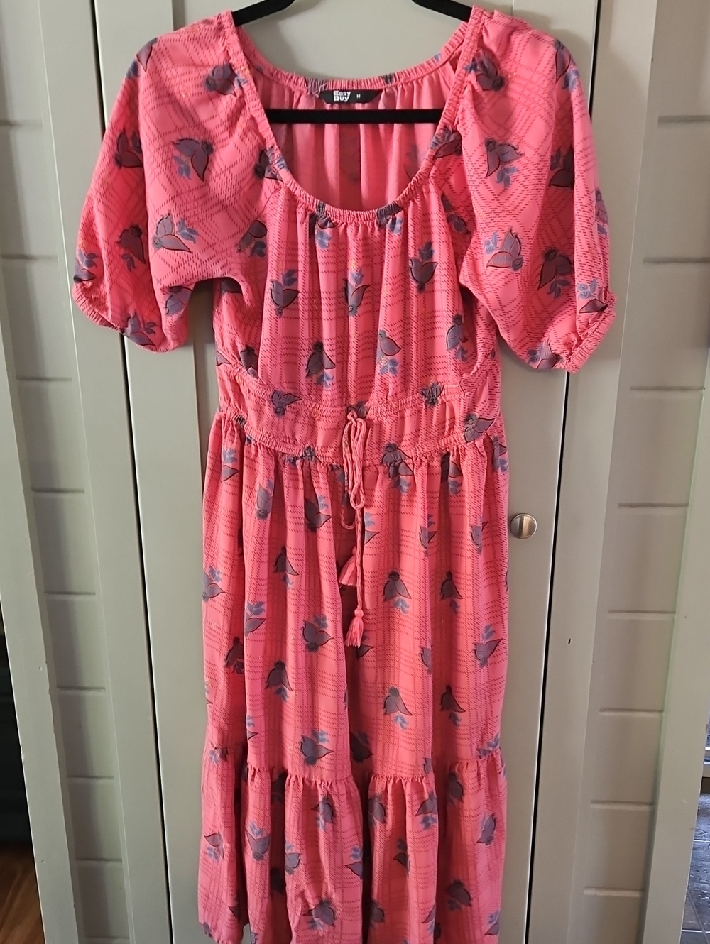 Bright Coral Pink Floral 100%RAYON Tiered Midi Dress with Puff Sleeve SZ M PTP18